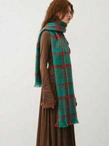 1入組女士圍巾，簡約、冷優雅、大氣、厚實格子紋、柔軟、保暖多用途，適用於秋冬季節 - 綠色 - 查看 2