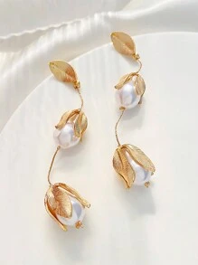 1對高端、時尚、優雅、戲劇性和非凡的巴洛克珍珠耳環,帶有金屬葉設計,適合女性 - 金色 - 查看 4