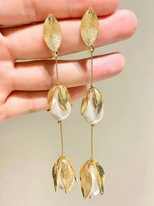 1對高端、時尚、優雅、戲劇性和非凡的巴洛克珍珠耳環,帶有金屬葉設計,適合女性 - 金色 - 查看 2