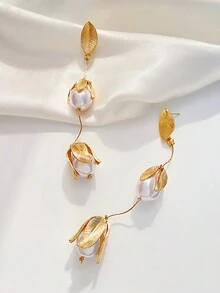 1對高端、時尚、優雅、戲劇性和非凡的巴洛克珍珠耳環,帶有金屬葉設計,適合女性 - 金色 - 查看 5