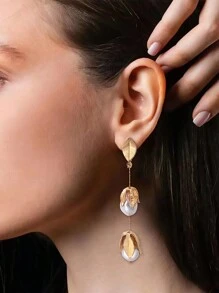 1對高端、時尚、優雅、戲劇性和非凡的巴洛克珍珠耳環,帶有金屬葉設計,適合女性 - 金色 - 查看 1