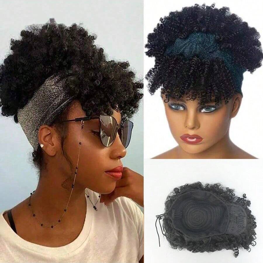 女士短款卷发头带假发 非洲式卷发 金色假发 自然卷发 角色扮演假发 合成假发 - 黑色 - 查看 1