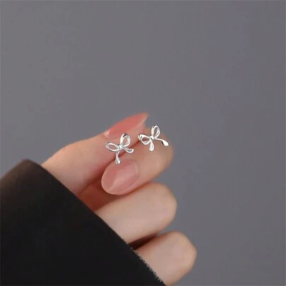 2pcs Fashionable 925 Silver Bowknot Stud Earrings, Simple And Elegant, Suitable For Women's Daily Wear Valentines