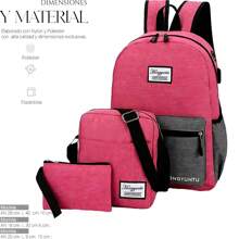 Shendy Vendy Set 3pzs Mochila Laptop De Gran Capacidad 15.6" Impermeable Escolar Con Carga Usb, bolso para estudiantes resistente al desgaste para viaje diario - Rosa - Ver 5