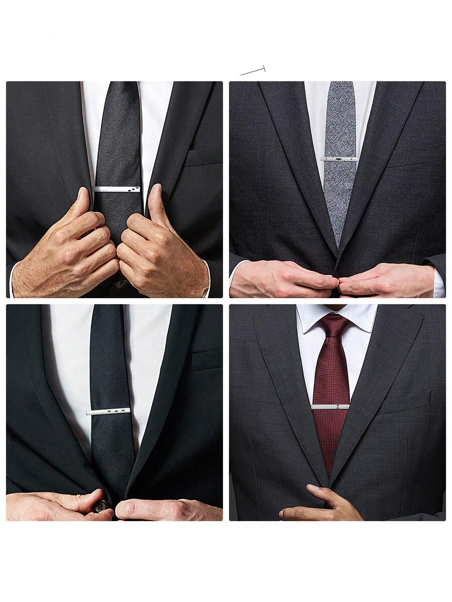 4pcs Silver Tie Trim, Suitable For Men's Outfit Matching And Party Wear - Silver - View 1