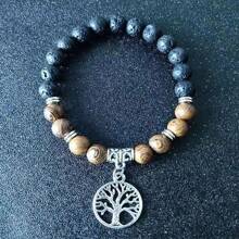 1個男士時尚木頭和火山岩珠子手鍊,帶有生命之樹吊墜,適用於節日男孩禮物 - 黑色 - 查看 4
