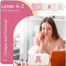 Bolsa de maquillaje con parche de letra inicial, bolsa de cosméticos de chenilla con cremallera y estilo universitario, bolsa de aseo de viaje impermeable con monograma para mujeres y niñas (letras de A a Z) - Esenciales para la vuelta al cole, viajes, vacaciones, suministros escolares, neceser para maquillaje, bolsa organizadora - Rosa - Ver 8