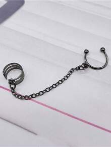 Nooxian New Chain-Integrated Non Piercing Clip On Earrings For Women, Gothic Style Simple Personalized Ear Cuff, Ear Hanger - Gun Black - View 4