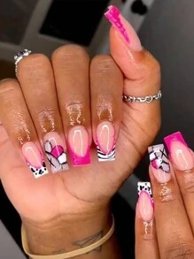 24pcs Press On Nails Long Square Pink French Tip Acrylic Nails Cute Cartoon Design Fake Nail Set, Contain 1pc Jelly Glue And 1pc Nail File, For Nail Art Decorations By Women & Girls Nail Supplies - View 1