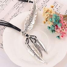 1pc Alloy Antique Gold/Silver Feather, Leaf & Rhinestone Decor Multi-Layer Tassel Necklace, Suitable For Daily Wear For Women