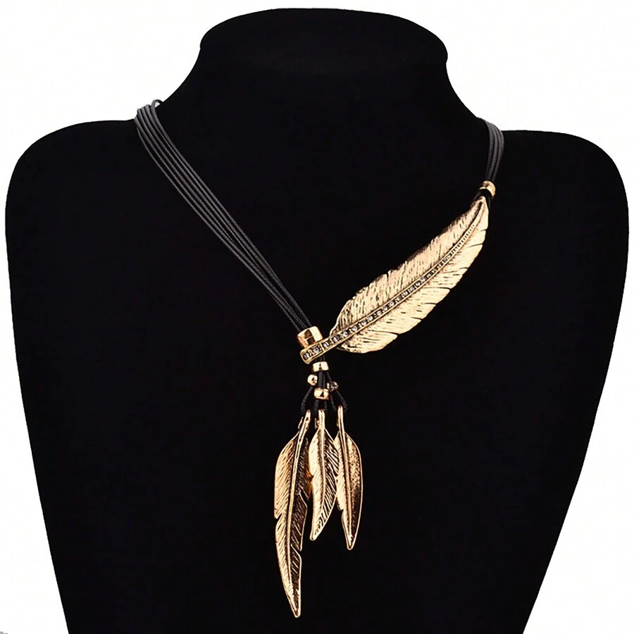 1pc Alloy Antique Gold/Silver Feather, Leaf & Rhinestone Decor Multi-Layer Tassel Necklace, Suitable For Daily Wear For Women