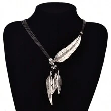 1pc Alloy Antique Gold/Silver Feather, Leaf & Rhinestone Decor Multi-Layer Tassel Necklace, Suitable For Daily Wear For Women