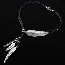 1pc Alloy Antique Gold/Silver Feather, Leaf & Rhinestone Decor Multi-Layer Tassel Necklace, Suitable For Daily Wear For Women
