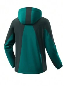 男士戶外防風防水風衣外套帶帽秋冬拼色運動服男 - 墨綠色 - 查看 2