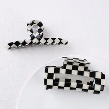 1 件裝女用格紋髮夾,秋冬幾何造型髮夾,優雅髮飾 - 黑與白 - 查看 1