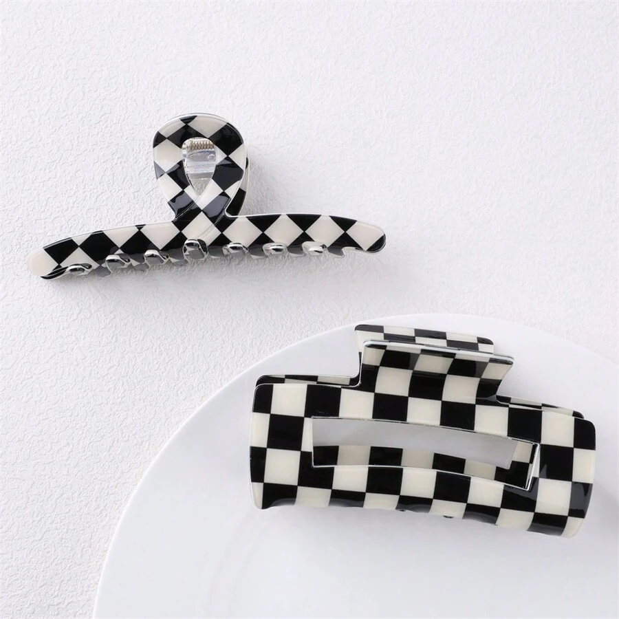 1 件裝女用格紋髮夾,秋冬幾何造型髮夾,優雅髮飾 - 黑與白 - 查看 1
