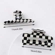 1 件裝女用格紋髮夾,秋冬幾何造型髮夾,優雅髮飾 - 黑與白 - 查看 4