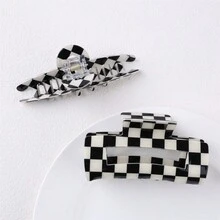 1 件裝女用格紋髮夾,秋冬幾何造型髮夾,優雅髮飾 - 黑與白 - 查看 2