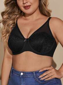 1 Áo lót cúp ngực đúc màu trơn thanh lịch và gợi cảm cỡ lớn dành cho nữ có mối nối lưới, độ che phủ và gọng đầy đủ, thích hợp để mặc hàng ngày và đi làm - màu đen - Xem 5