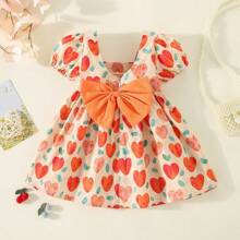 Summer Baby Girl Short-Sleeved Heart Printed Dress With Cute Bowknot Back