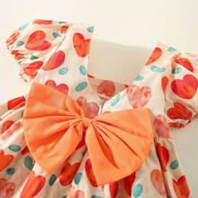 Summer Baby Girl Short-Sleeved Heart Printed Dress With Cute Bowknot Back