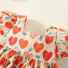 Summer Baby Girl Short-Sleeved Heart Printed Dress With Cute Bowknot Back