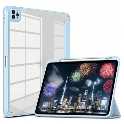 Ốp lưng iPad bằng silicon trong suốt, thiết kế gập ba với khe đựng bút cảm ứng, mặt lưng trong suốt, chân đế siêu mỏng, chống sốc và rơi vỡ - Màu xanh băng