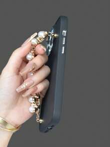 1pc White Pearl Beaded Bracelet & Black Eye-Protection Plating Ring & Frosted Tpu Case With Complete Phone Protection Compatible With Iphone7/8/11/12/13/14/15/X/Xr/Xs/Plus/Pro/Pro Max/Se2 Series - Multicolor - View 2