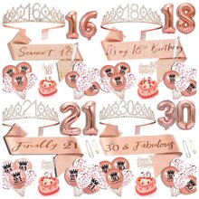 女性生日禮物,包括生日腰帶、生日皇冠、蛋糕上飾品、數碼鋁膜氣球、乳膠氣球、卡牌和蠟燭套裝,顏色為玫瑰金 - 香檳色 - 查看 1