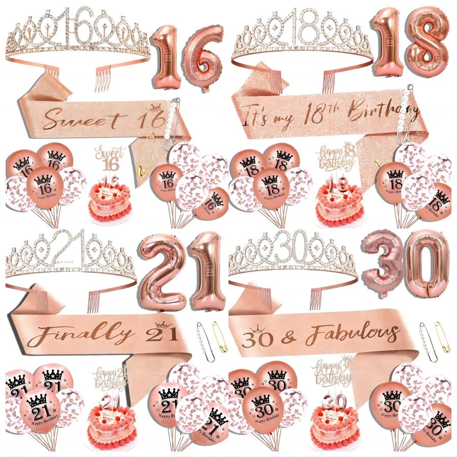 女性生日禮物,包括生日腰帶、生日皇冠、蛋糕上飾品、數碼鋁膜氣球、乳膠氣球、卡牌和蠟燭套裝,顏色為玫瑰金 - 香檳色 - 查看 1