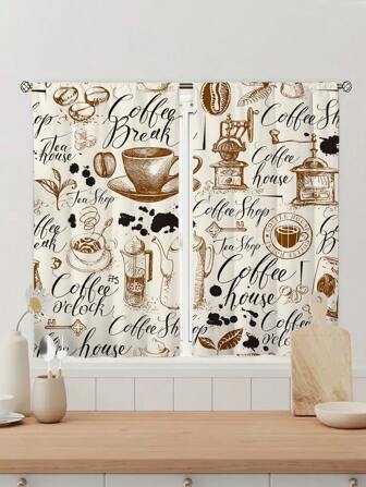 2入組咖啡元素窗簾,無眼窗窗簾,適用於臥室辦公室廚房客廳書房家居裝飾