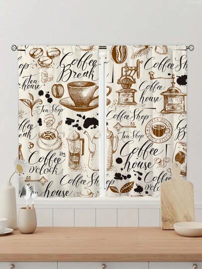 2 Piezas Cortinas Con Elementos De Café, Cortina Sin Agujeros, Para Decoración Del Hogar En El Dormitorio, La Oficina, La Cocina, La Sala De Estar O El Estudio