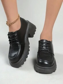 黑色厚跟英式女鞋，秋季流行的日式低口增高Brockden復古鞋，厚底帶鞋 - 黑色 - 查看 5