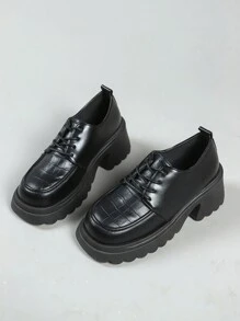 黑色厚跟英式女鞋，秋季流行的日式低口增高Brockden復古鞋，厚底帶鞋 - 黑色 - 查看 1