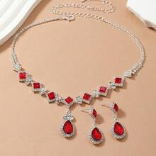 1套時尚高端珠寶紅色方形頸鍊和耳環套裝,優雅的新娘婚禮配飾 - 彩色 - 查看 4