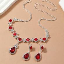 1套時尚高端珠寶紅色方形頸鍊和耳環套裝,優雅的新娘婚禮配飾 - 彩色 - 查看 3