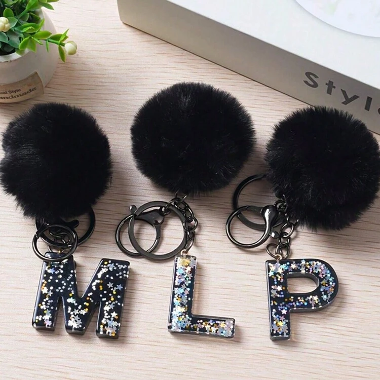 1 pieza Llavero con inicial de alfabeto, llavero de pompón de peluche lindo, llavero de resina con lentejuelas brillantes, colgante para bolsa, mochila, coche, accesorios para billetera y bolso, llavero con borlas, llavero de peluche con inicial de alfabeto A-Y - Negro - Añade 3