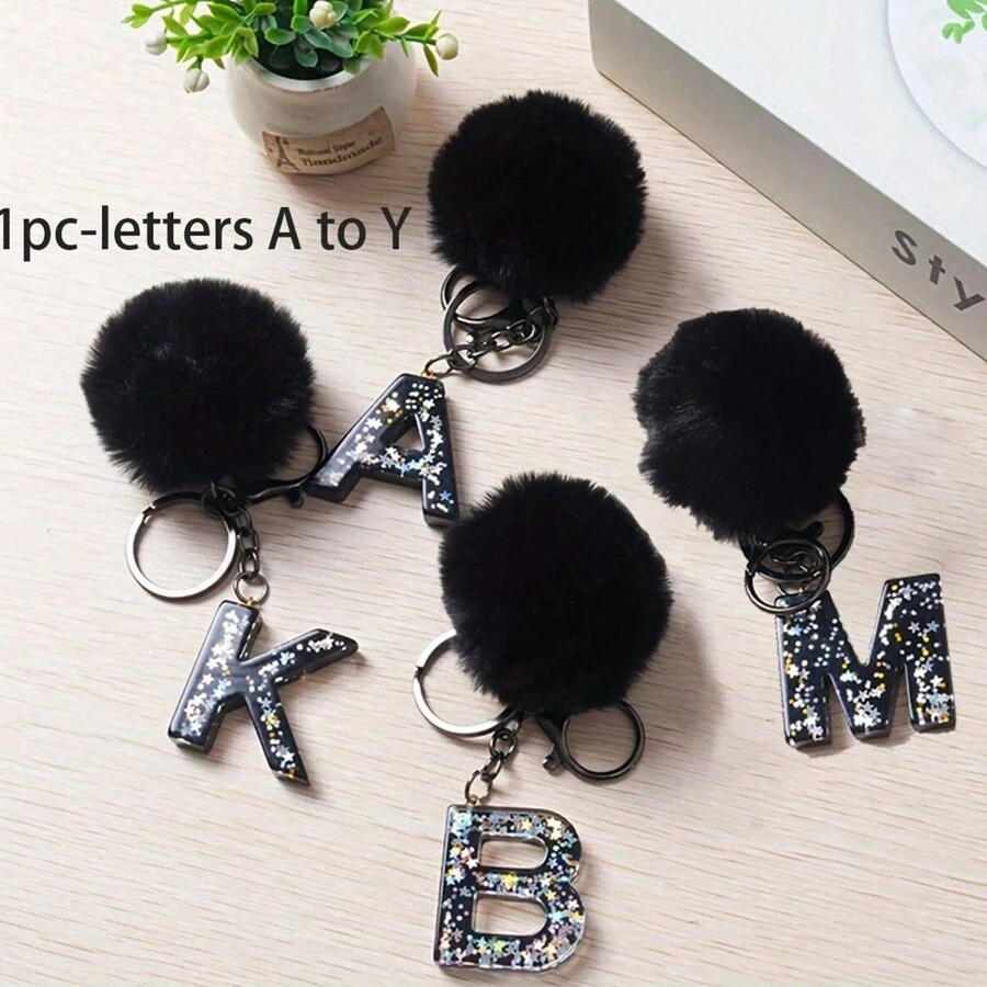 1 件字母首字母钥匙扣可爱毛绒绒球钥匙扣可爱亮片树脂钥匙扣环包背包吊饰汽车挂件女士女孩礼物钱包和手提包配件钥匙扣带流苏字母首字母 A-Y 毛绒钥匙扣