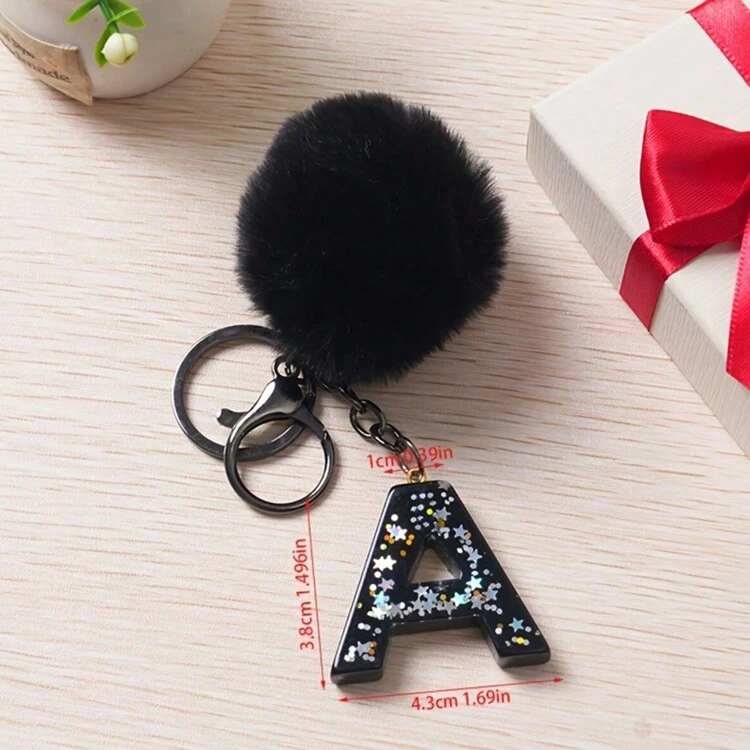 1 pieza Llavero con inicial de alfabeto, llavero de pompón de peluche lindo, llavero de resina con lentejuelas brillantes, colgante para bolsa, mochila, coche, accesorios para billetera y bolso, llavero con borlas, llavero de peluche con inicial de alfabeto A-Y - Negro - Añade 6