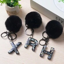 1 件字母首字母钥匙扣可爱毛绒绒球钥匙扣可爱亮片树脂钥匙扣环包背包吊饰汽车挂件女士女孩礼物钱包和手提包配件钥匙扣带流苏字母首字母 A-Y 毛绒钥匙扣 - 黑色 - 查看 8
