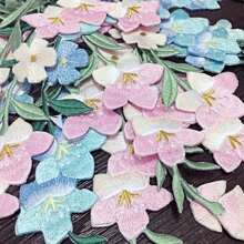 1pc Pink & Blue Embroidery Flower Cloth Patch With Adhesive Back