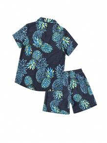 Tween Boy Hawaiian Pineapple Printed Short Sleeve Shirt And Shorts Set, Summer - Dark Green - View 2