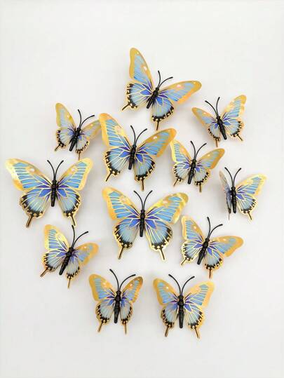 1set 12pcs 3d Metallic Butterflies Stickers For Wedding, Festival, Birthday Party Decoration, Stickers, Wall Decal, Vinyl Decal For Home Decorations, Spring Decoration Items Refresh Your Home, Festival Decoration Stickers Gifts Graduation