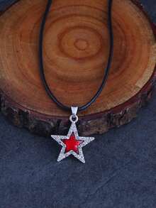 復古街頭風格時尚百搭鑽石裝飾幸運星吊墜黑繩項鍊y2k/ins項鍊 - 紅色 - 查看 8