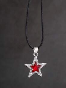 復古街頭風格時尚百搭鑽石裝飾幸運星吊墜黑繩項鍊y2k/ins項鍊 - 紅色 - 查看 4