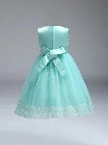 Sleeveless Solid Color Elegant Dress With 3D Flower & Bow Decor, Headband Not Included - 薄荷綠 - 查看 3