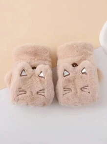 1 Pair Women's Cat Cartoon Convertible Half Finger Gloves, Warm Plush Lining Thick Winter Gloves