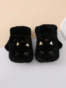 1 Pair Women's Cat Cartoon Convertible Half Finger Gloves, Warm Plush Lining Thick Winter Gloves