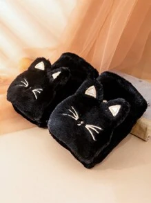 1 Pair Women's Cat Cartoon Convertible Half Finger Gloves, Warm Plush Lining Thick Winter Gloves