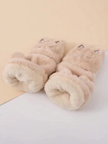 1 Pair Women's Cat Cartoon Convertible Half Finger Gloves, Warm Plush Lining Thick Winter Gloves